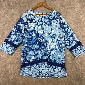 Park Main Top 3X V Neck Blue Border Print Geo Abstract Stretch Career Casual